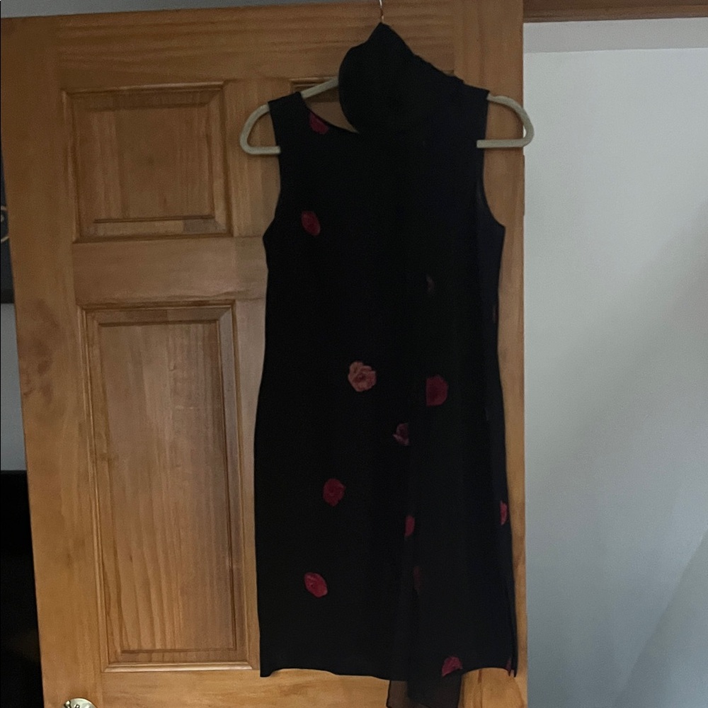 Talbots Black Midi Dress with Red Floral Accents
